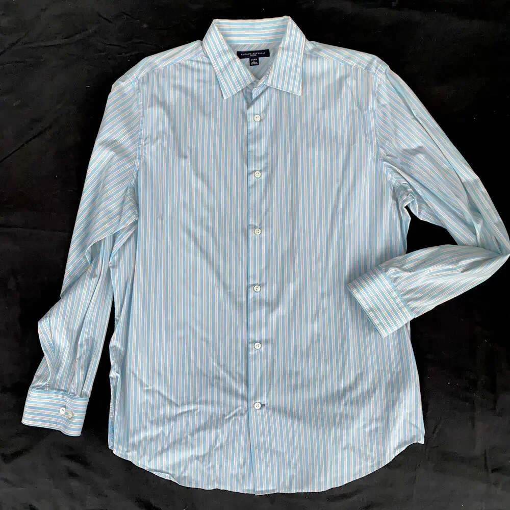 Banana Republic Fitted L 16-16 1/2 Aqua Blue,Tan & White Stripe Cotton Shirt